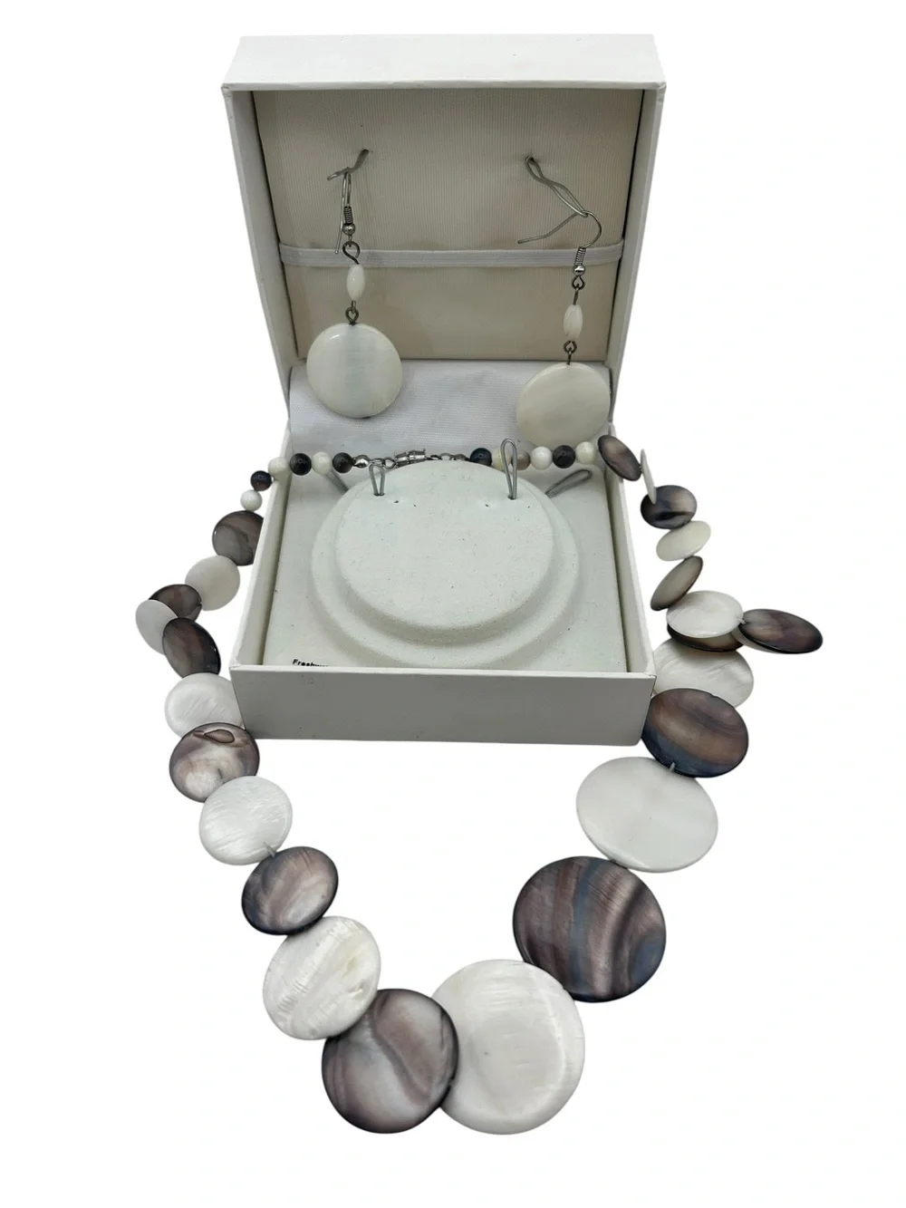 Mother of Pearl Shell Disc Statement Necklace, Pierced Earring Set White Brown